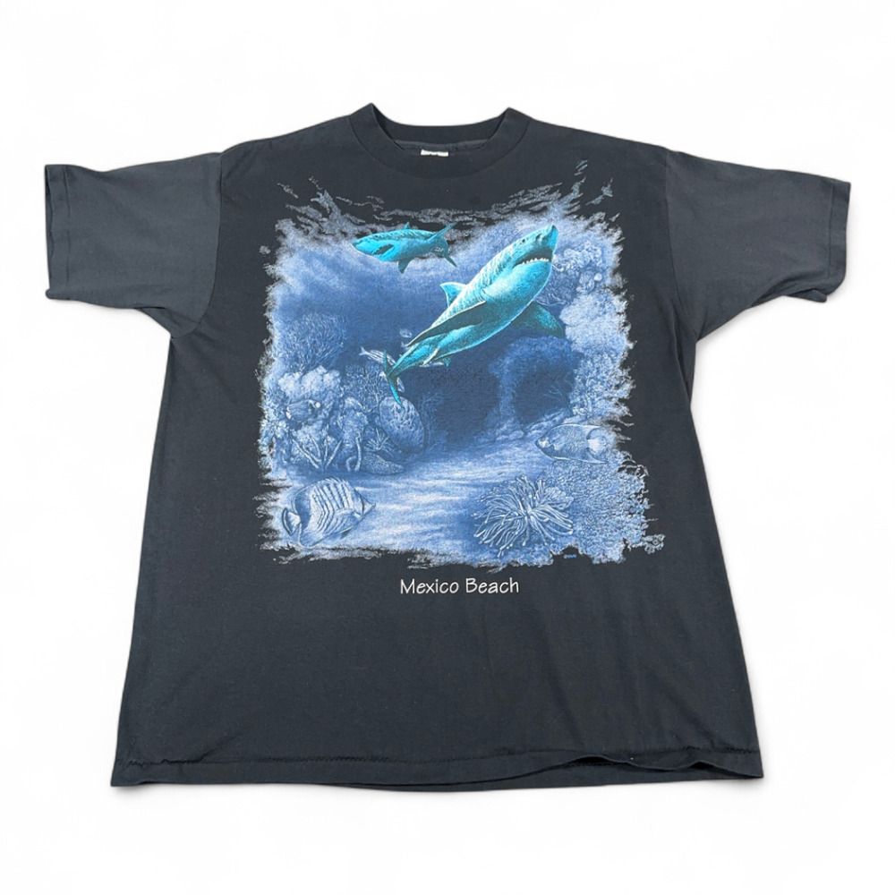 Vintage Sharks Shirt Adult EXTRA LARGE Black Mexico Beach Ocean USA Made Y2K